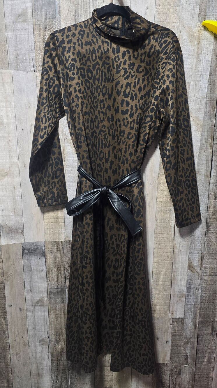 Anne Klein Espresso Leopard Print Midi Mock Neck Dress 14 Animal Fall Winter - Picture 2 of 5